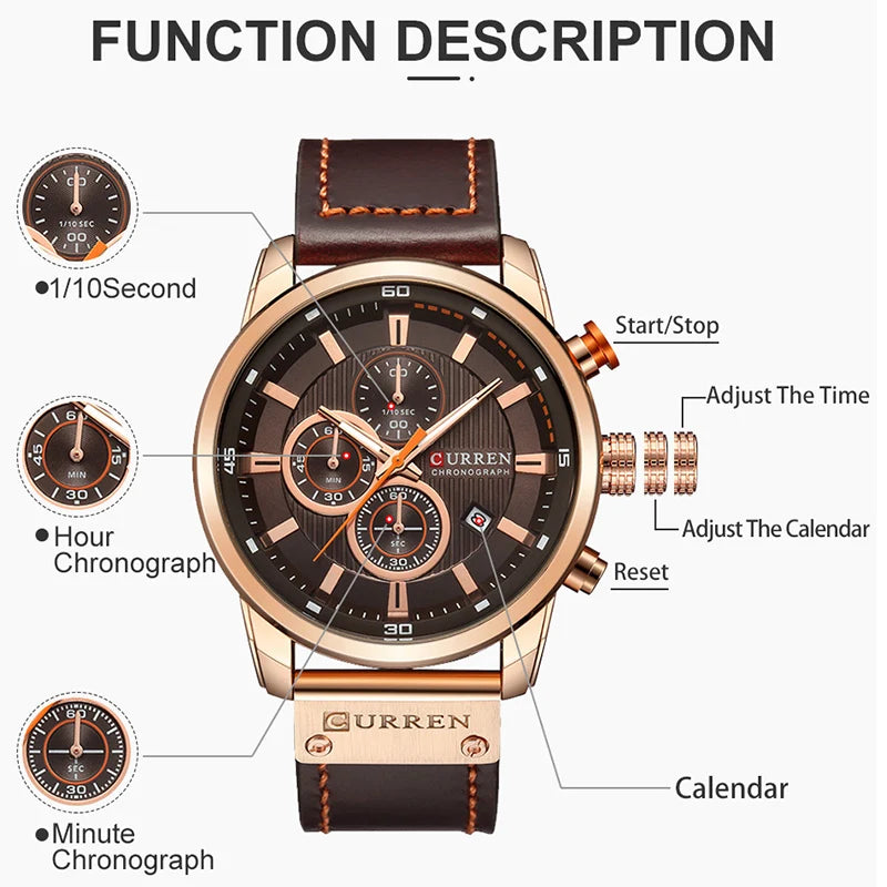 CURREN Men's Leather Sports Army Quartz Chronograph Watch