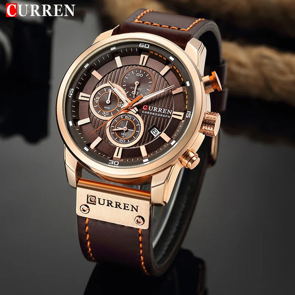 CURREN Men's Leather Sports Army Quartz Chronograph Watch