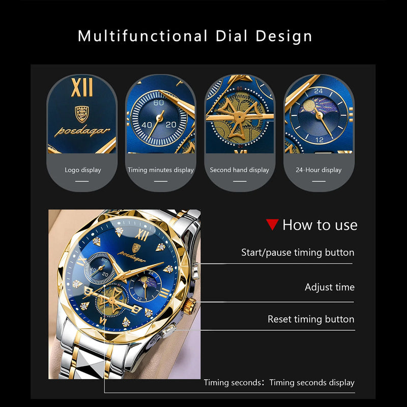POEDAGAR Men's Waterproof Luminous Chronograph Watch