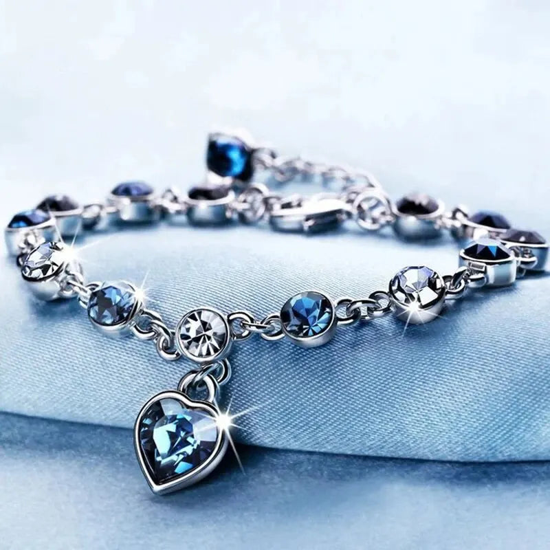 Silver Color Lucky Bracelet with Blue Crystal Heart Charm