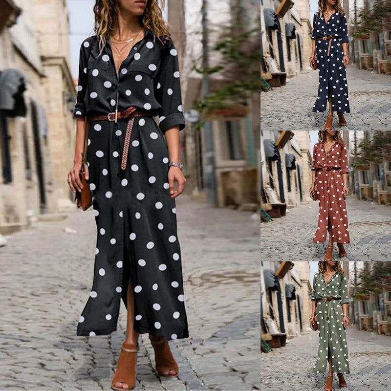 Women's Long Sleeve Polka Dot Maxi Dress