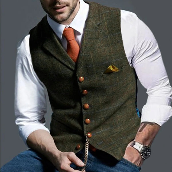 Men's V Neck Herringbone Suit Vest Slim Fit