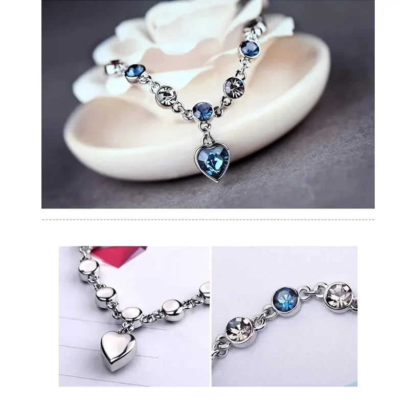 Silver Color Lucky Bracelet with Blue Crystal Heart Charm