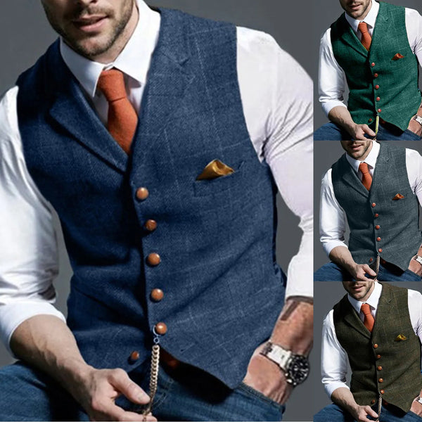 Men's V Neck Herringbone Suit Vest Slim Fit