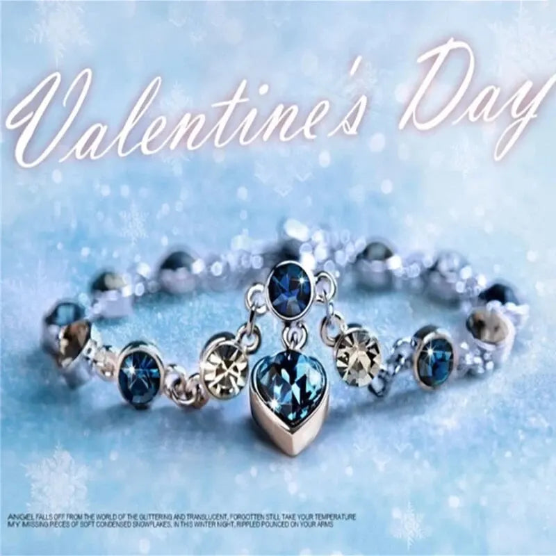 Silver Color Lucky Bracelet with Blue Crystal Heart Charm