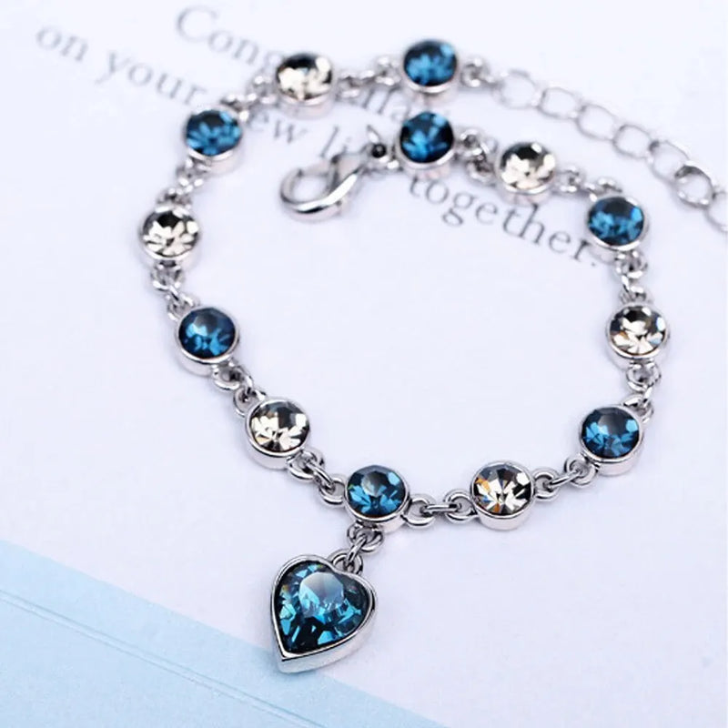 Silver Color Lucky Bracelet with Blue Crystal Heart Charm