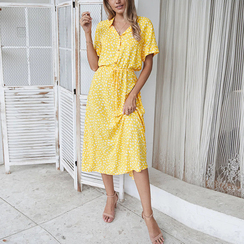 Summer Dresses Women Summer Polka Dot Printing Dresses With Buttons Short Sleeves Drawstring High Waist Dress Vestidos 2023